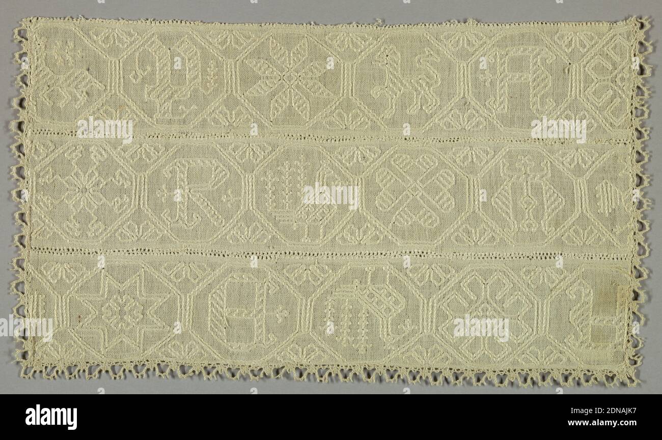 Fragment, Medium: cotton Technique: double running stitch embroidery (the second stitch sometimes twists around the first instead of aligned with it on plain weave (three narrow strips sewn together), Part of a white-on-white embroidered panel. Joining of three pieces needle made edge, the loops of which form two bands placed edge to edge are whipped together. Linen bobbin lace sewn to three edges., Sicily, Italy, early–mid-16th century, embroidery & stitching, Fragment Stock Photo