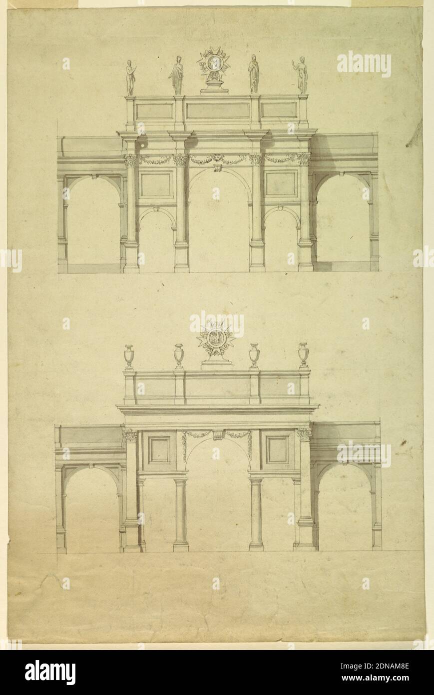 Elevations for Two Triumphal Arches in Honor of the Emperor Napoleon, Luigi Cagnola, Italian, 1762 - 1833, Pen and black ink with gray wash and traces of graphite on off-white wove paper, Top design shows five arches with Corinthian columns, festoons and statues flanking the badge of the Legion of Honor showing the head of Napoleon. The bottom design shows a Palladian archway with Doric columns, Corinthian pilasters, vases, and the badge of the Legion of Honor with an eagle facing left., Italy, ca. 1810, architecture, Drawing Stock Photo