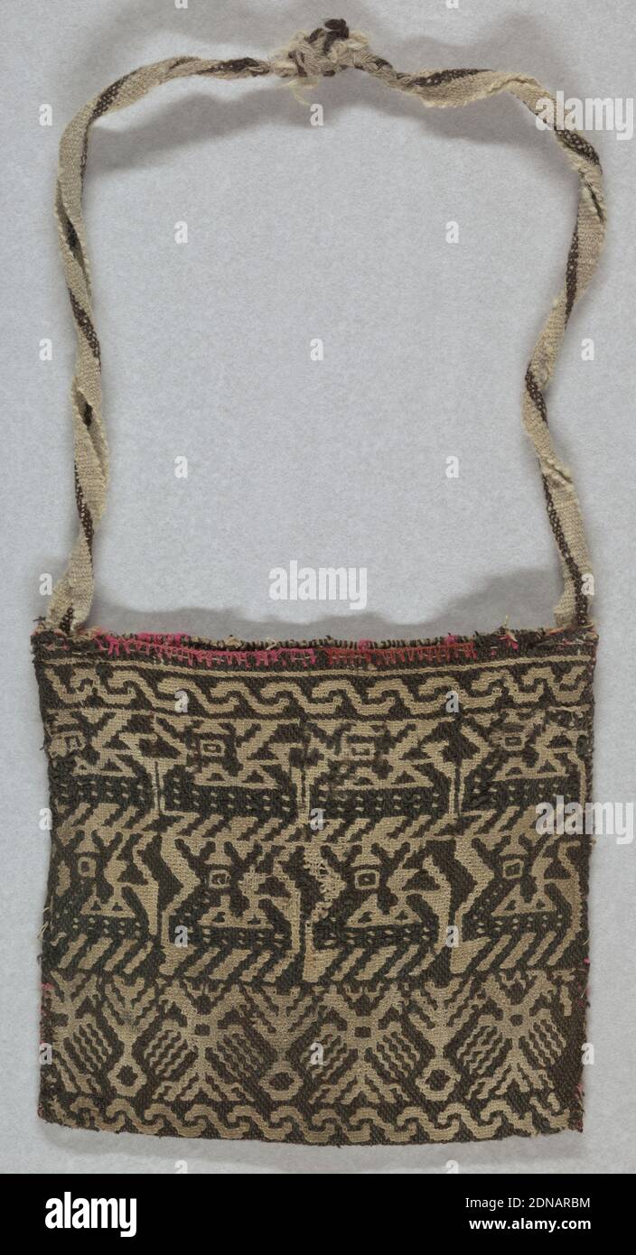 Bag, Medium: wool Technique: doublecloth, Woven bag that depicts rows of animals on one side. The other has a diamond shape with enclosed stars. Shoulder band in plain weave., Mexico, probably 19th century, woven textiles, Bag Stock Photo