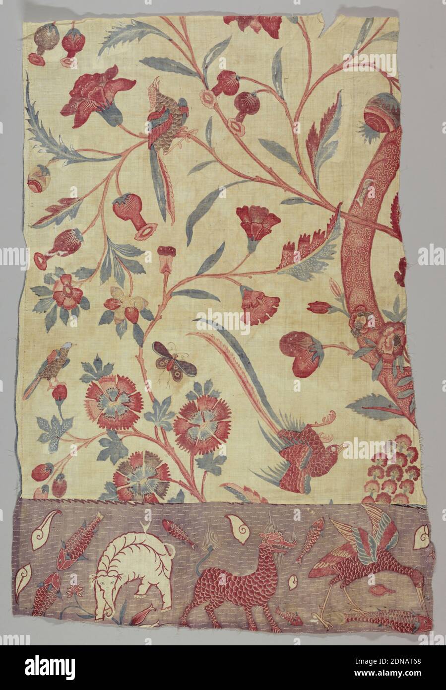 Textile, Medium: cotton Technique: mordant painted and resist dyed on plain weave (chintz), Two pieces which were originally part of a larger panel. Both are made of two separate cloths. A border of fantastic undersea life on a purple background and a field of birds and flowers emanating from a vermicular tree., India, 18th century, printed, dyed & painted textiles, Textile Stock Photo