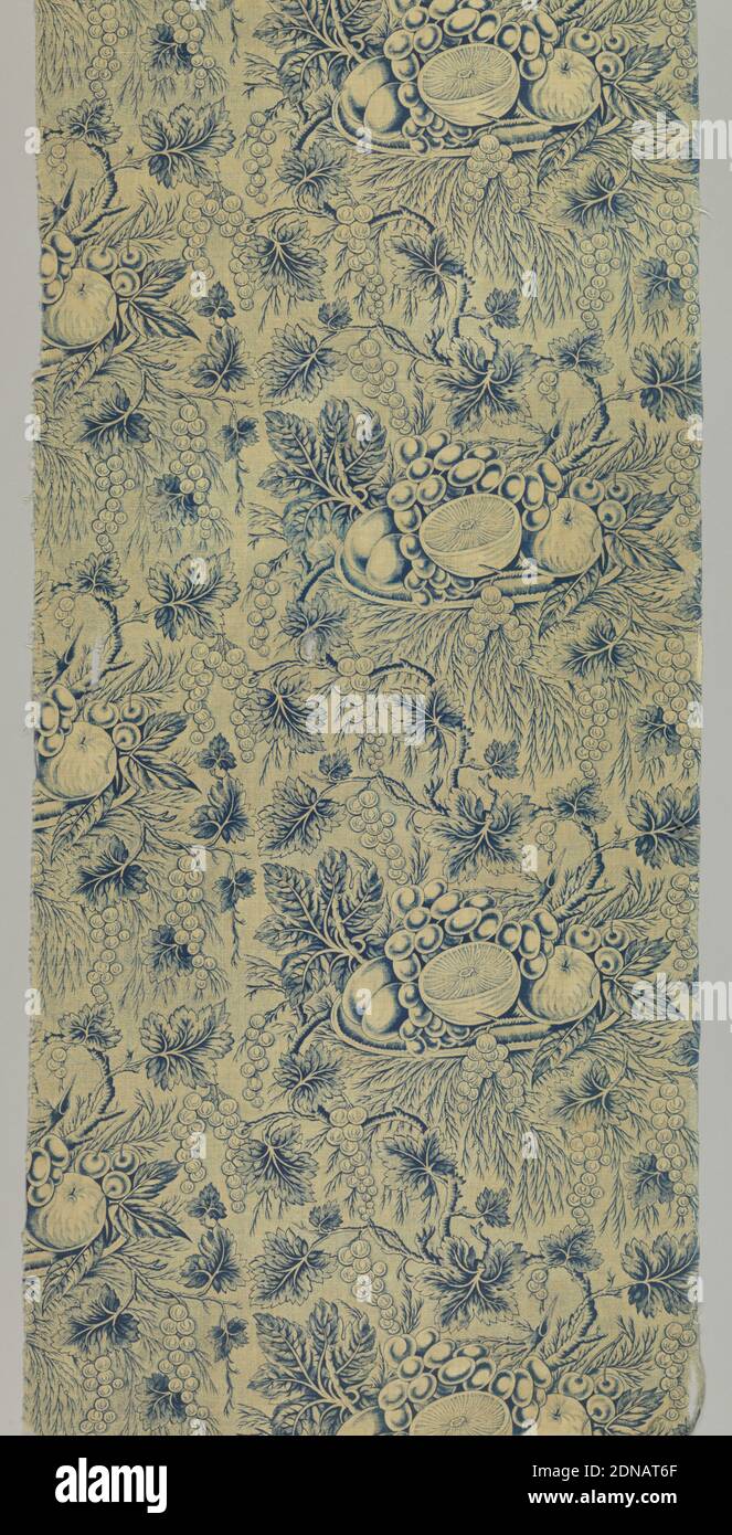 Textile, Medium: cotton Technique: roller printed, Length of very thin, lightweight cotton printed in blue with a design of a platter of fruit amid foliage and grape vines. Printed area covers selvage on right side., Central Europe, ca. 1850, printed, dyed & painted textiles, Textile Stock Photo