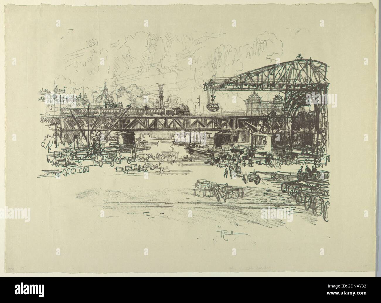 Railroad Station, Berlin, Joseph Pennell, American, active England, 1857–1926, Lithograph on cream wove paper, Large crane operating on right side. Horse-drawn vehicles in foreground; in background, view of the city skyline. Part of Lehrter Station, Berlin., USA, 1921, architecture, Print Stock Photo