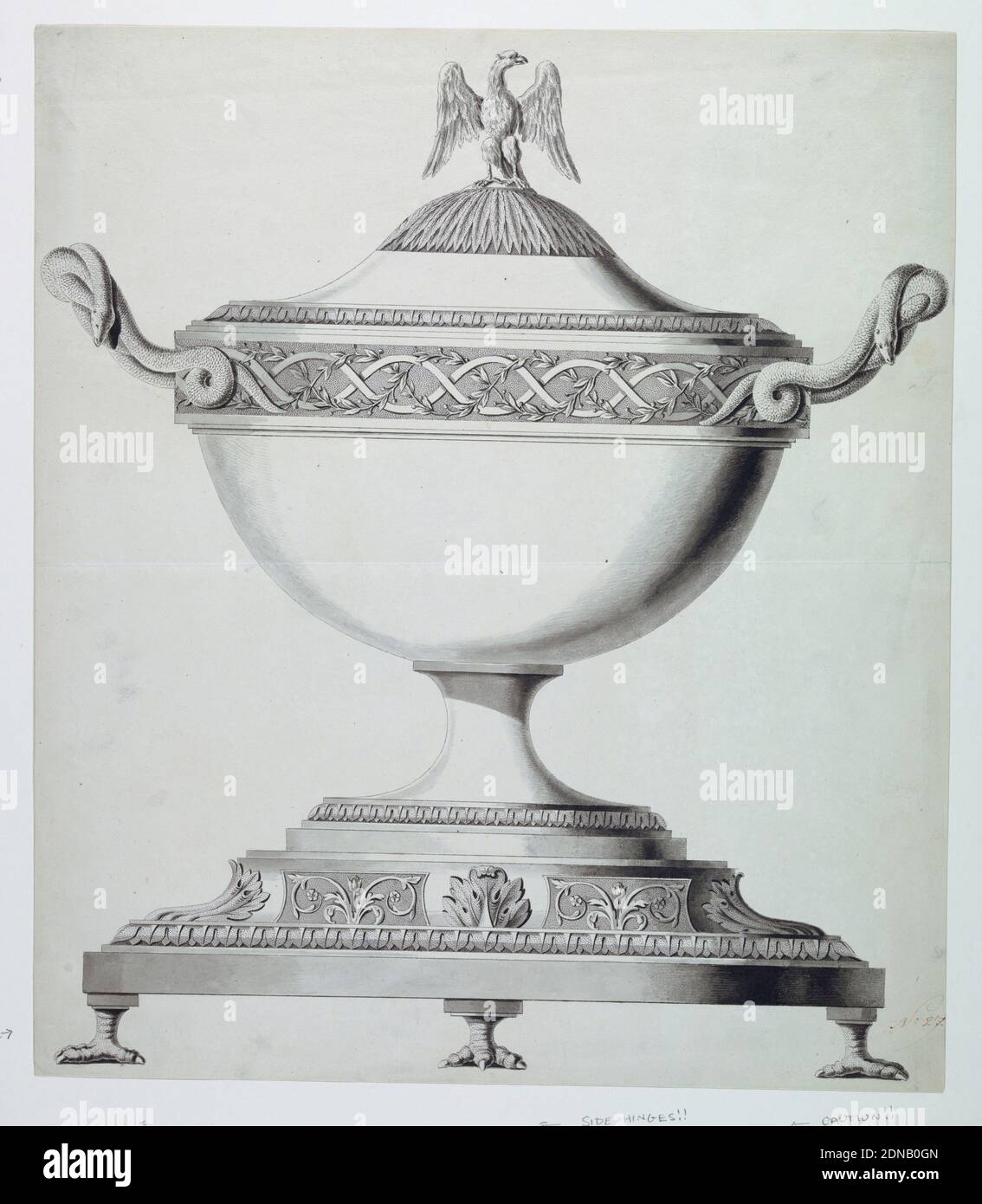 Design for a Tureen, Joseph Anton Seethaler II, German, 1799–1868, Pen and ink, brush and washes, The vessel is banded by an interweaving vine and ribbon meader. The finial is a spread eagle and coiled snakes form the handles. The base rests on birds' feet and is decorated with acanthus leaves and flowers., Germany, 1825-1835, Drawing Stock Photo