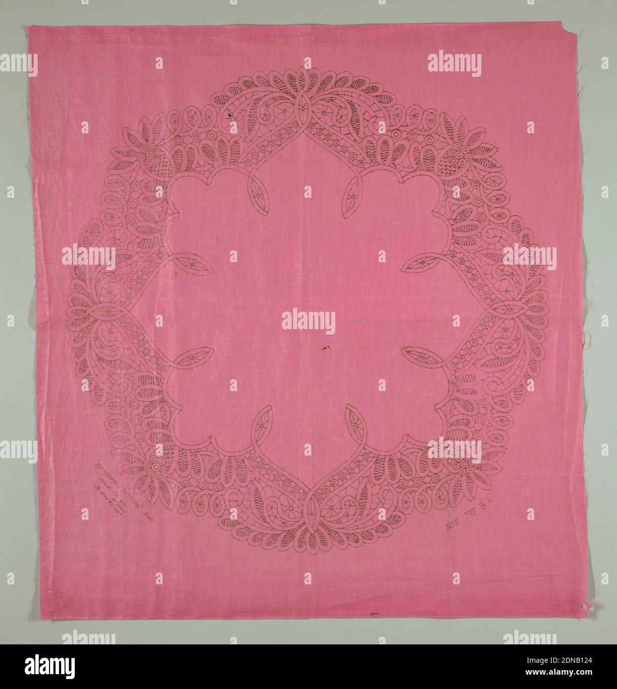 Lace pattern, Medium: cotton Technique: plain weave fabric printed with pattern for machine made tape lace, Printed lace pattern for machine premade tape lace., Printed in black on pink fabric: Renaissance Pattern 31 x 31, Braid 32 yards, Buttons 84 small, 24 large, 505 PAT. B4, USA, ca. 1905, lace, Lace pattern Stock Photo