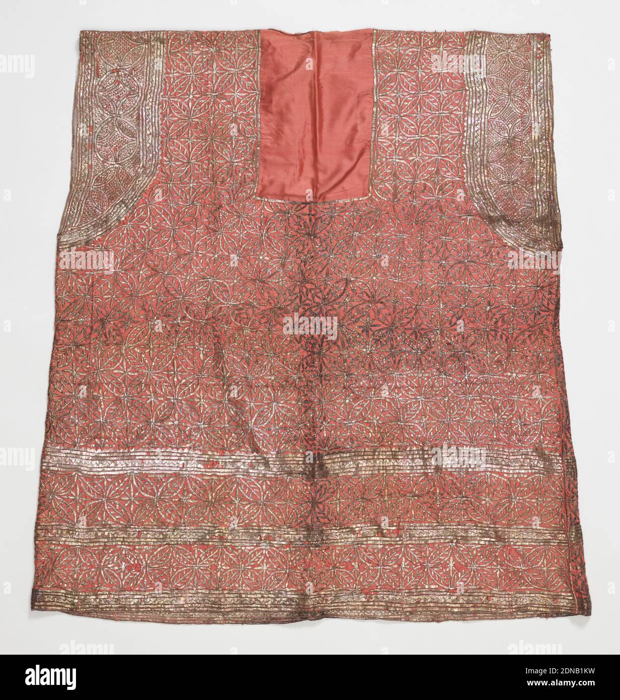 Tunic, Medium: silk, metallic Technique: embroidery on plain weave, Sleeveless tunic of salmon-pink silk embroidered solidly with flat strips of silver foil in a geometric design., Tunisia, 19th century, costume & accessories, Tunic Stock Photo