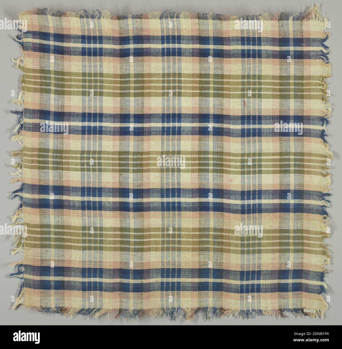Handkerchief, Medium: cotton Technique: plain weave, Handkerchief in a coarsely woven plaid of off-white, navy blue, olive green, and pink. Fringed on all four sides., USA, 19th century, woven textiles, Handkerchief Stock Photo