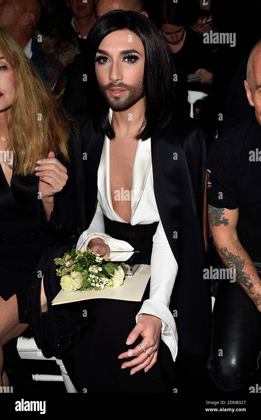 Conchita Wurst front row for the Jean Paul Gaultier Spring Summer 2015 Haute Couture collection show held at the designer s headquarters in Paris France on January 28 2015. Photo by Nicolas Briquet AB...