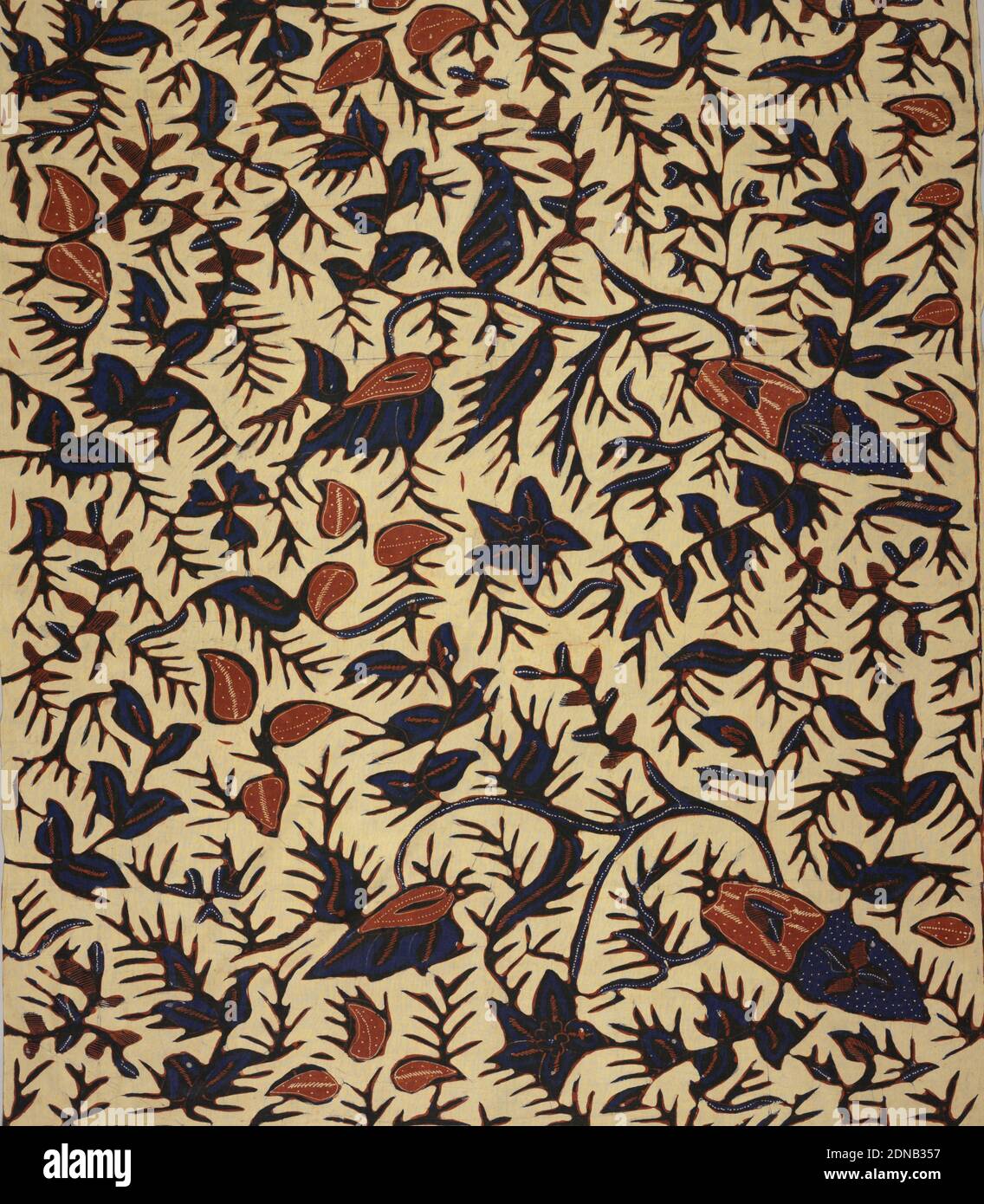 Sarong, Medium: cotton Technique: wax resist dyeing (batik) on plain weave, A sarong with cream ground and highly conventionalized large-scale floral and foliate design in blue, white, and brown., Indonesia, 19th century, printed, dyed & painted textiles, Sarong Stock Photo
