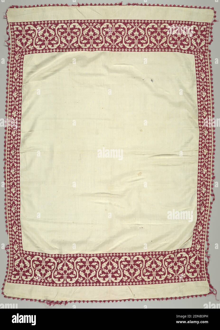 Towel, Medium: linen, silk Technique: embroidered on plain weave using  double running stitches for linear details; background area has horizontal  and vertical wrapping stitches pulled tight to deflect groups of warps and