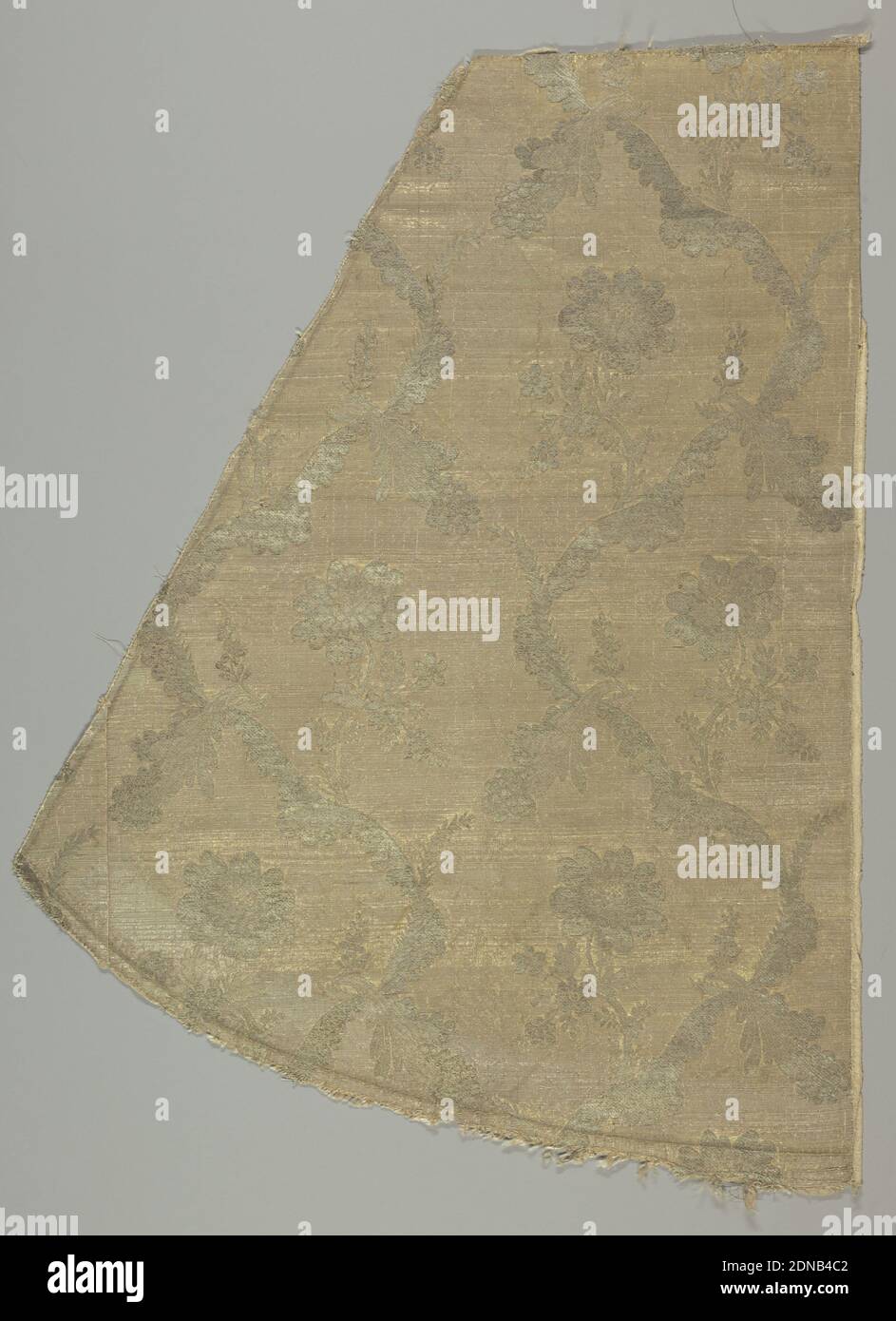 Textile, Medium: silk, metallic Technique: plain weave with discontinuous supplementary wefts (brocading), Curving festoons and flowers in pink and silver., 18th century, woven textiles, Textile Stock Photo