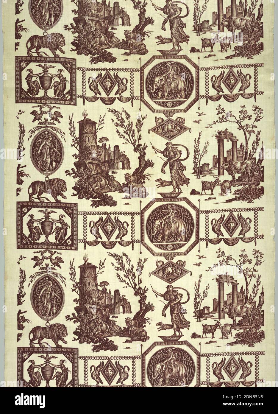 Dianne Chasseresse, Jean-Baptiste Huët, (French, 1745–1811), Oberkampf & Cie., (Jouy-en-Josas, France, 1759–1815), Medium: plain weave cotton Technique: printed by engraved plate (the short height of the repeat indicates that the shorter printing plate which came into use at the turn on the century was used; original glaze is visible), Design in brown on white background. Figure of Diana as a huntress with various classical medallions., Jouy-en-Josas, France, ca. 1798, printed, dyed & painted textiles, Textile with chef de piece, Textile with chef de piece Stock Photo