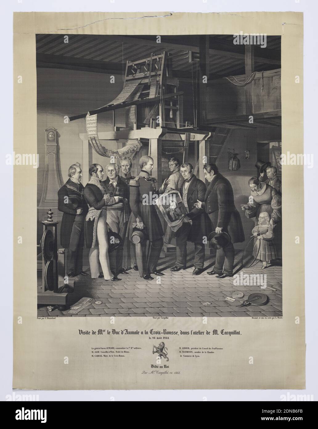 Visite de M. de Duc d'Aumale a la Croix-Rousse dans l'atelier de M. Carquillat, A. Manin, French, Claude Bonnefond, (French, 1796–1860), Medium: silk Technique: jacquard woven, M. le Duc D'Aumale à la Croix-Rousse visits the workroom of M. Carquillat. A group of men stands before the loom as M. le Duc D'Aumale à la Croix-Rousse holds a portrait of Jacquard., France, 1841, woven textiles, Picture, Picture Stock Photo