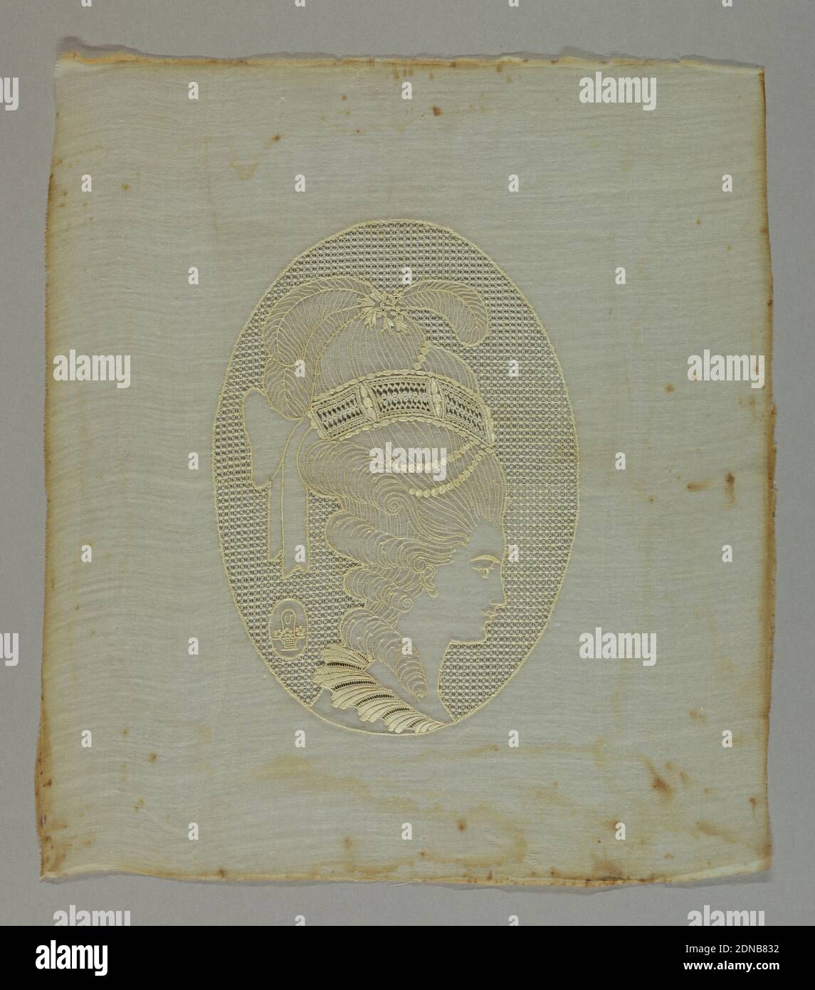 Medallion, Medium: cotton Technique: withdrawn element with embroidery, Embroidered portrait medallion of a woman in profile showing an elaborate powdered wig topped with pearl, plumes and a large bow. Maker's initial 'U' inside a small medallion containing a handled basket is on the bottom right., possibly France, possibly Germany, possibly USA, ca. 1915, embroidery & stitching, Medallion Stock Photo
