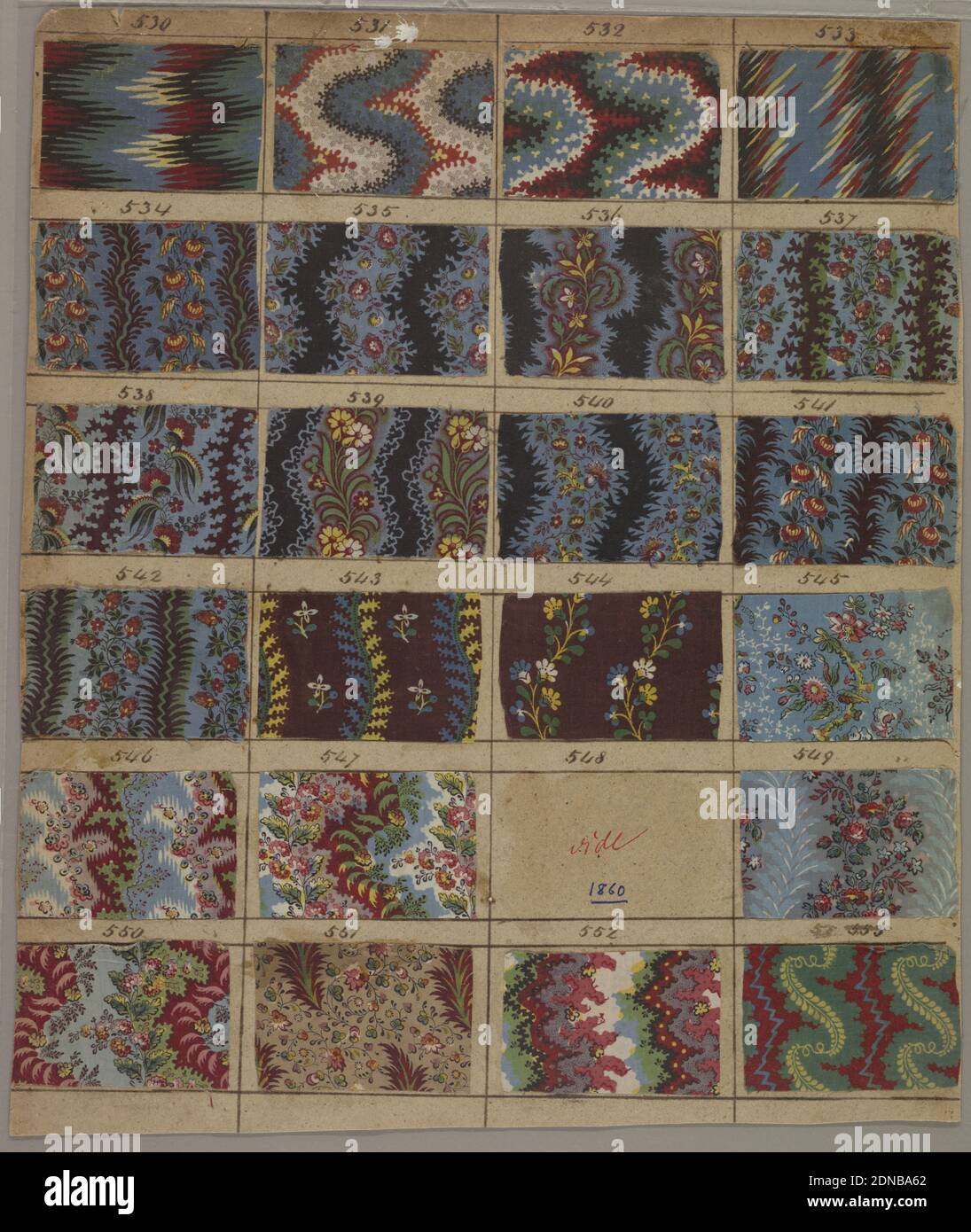 Textile, Medium: paper, cotton Technique: printed, Forty-six swatches of printed fabric (twenty-three per side of page – one missing on each side) each numbered in pen and ink from 506 through 529. Each swatch measures about 5.5 x 8 cm. (2 1/8' x 3 1/8'). All patterns are small scale floral in at least three colors. Yellow over blue for green., England, ca. 1825, printed, dyed & painted textiles, Textile Stock Photo