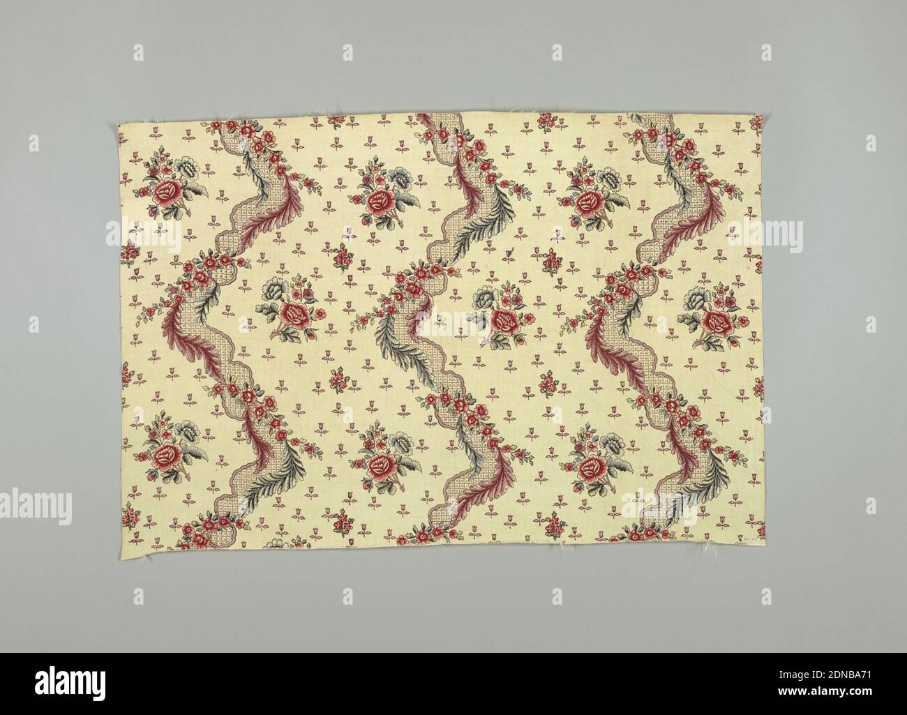 Textile, Medium: cotton Technique: printed on plain weave, Undulating columns of diaper pattern with flowers and leaves, alternating with white areas dotted with floral spars and small stylized tulips., France, late 19th–early 20th century, printed, dyed & painted textiles, Textile Stock Photo