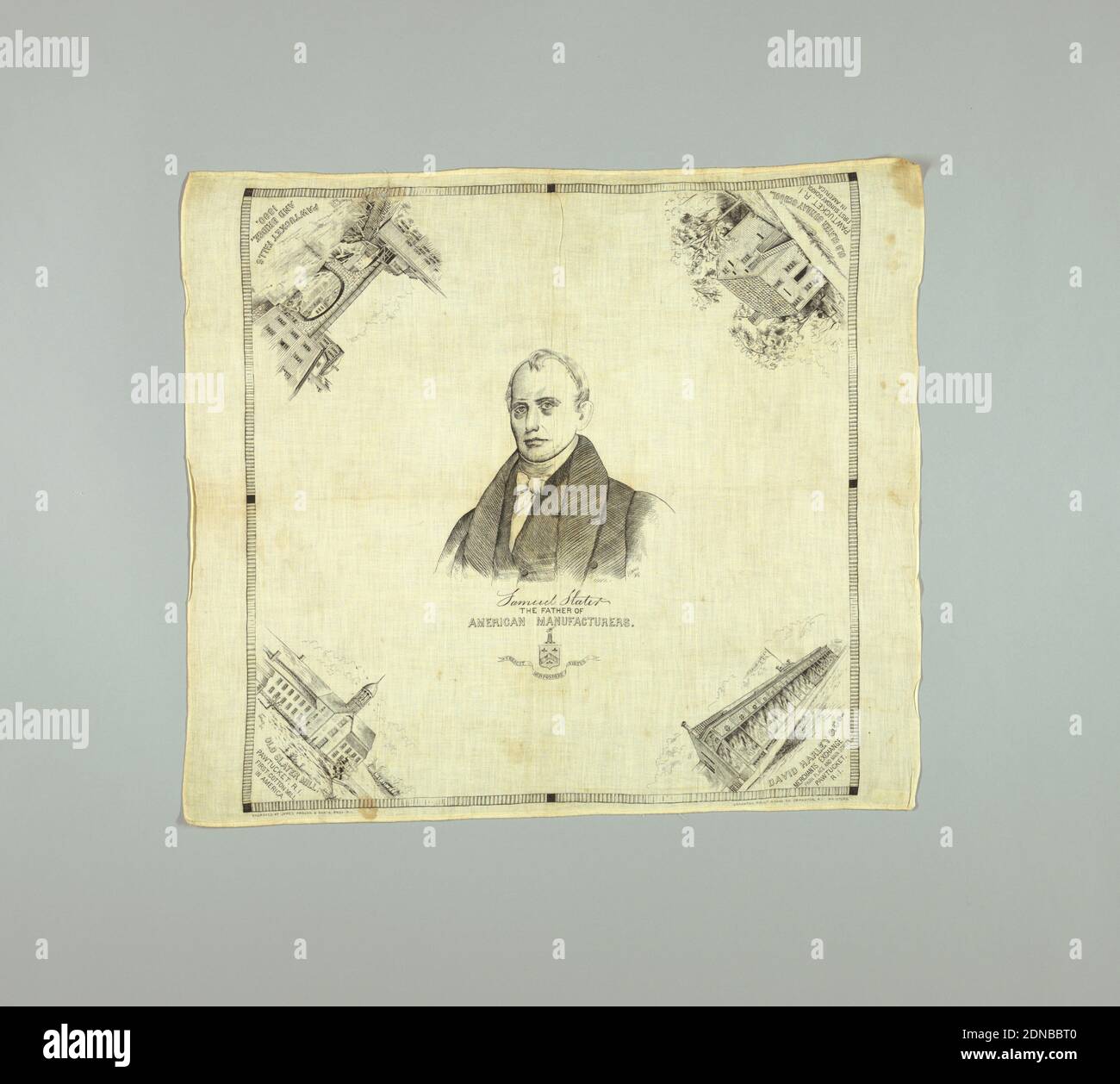Samuel Slater, The Father of American Manufacturers, Cranston Print Works, (Cranston, RI, USA), Medium: cotton Technique: printed on plain weave, Small border with black lines. The field has a building on each corner with legend underneath. In the center is a portrait with signature and legend, 'SAMUEL STARTER / THE FATHER OF / AMERICAN MANUFACTURERS' and seal., Selvedge on both sides and hemmed top and bottom., Cranston, Rhode Island, USA, ca. 1890, printed, dyed & painted textiles, Handkerchief, Handkerchief Stock Photo