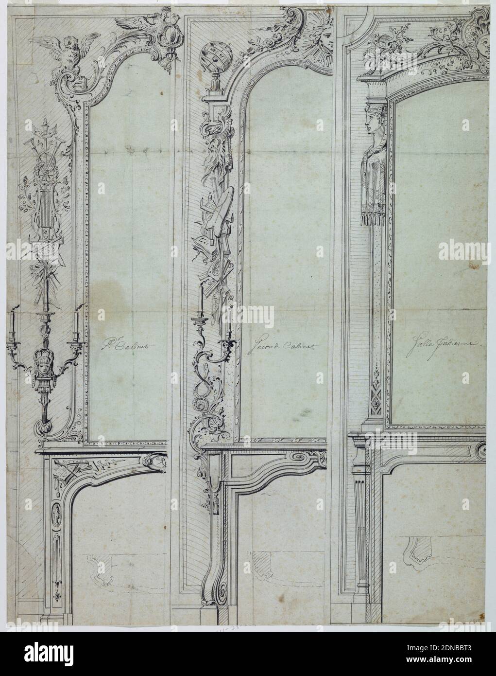 Designs for a Mantelpieces, Gilles-Marie Oppenord, French, 1672–1742, Pen and black ink, pale green wash, over black chalk, Three left halves of a mantelpiece. At left, 'pr. Cabinet' includes a pair of snakes before a winged escutcheon top center, an eagle, top left. A candel in the wall panel. Center, 'Second Cabinet' includes a sunface top center. Candle bracket with two candles supported by two snakes and scientific symbols adorn the wall panel. At right, 'Salle Jud'enne' includes a pilaster with a bust of a woman with a diadem and a shawl., France, 1720, Drawing Stock Photo