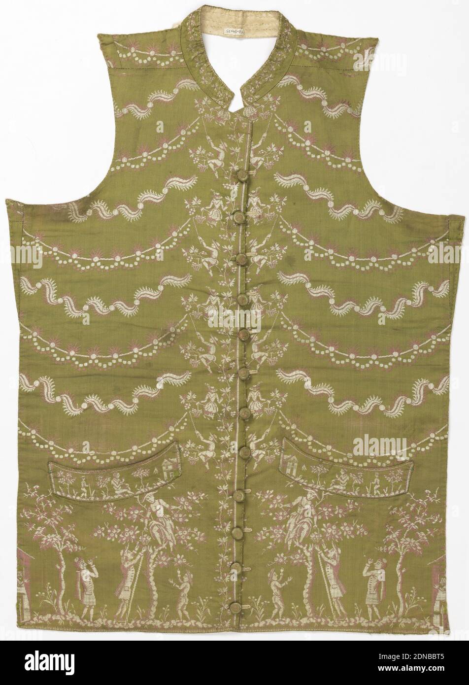 Waistcoat, Medium: silk Technique: twill weave, Green silk fabric woven for a waistcoat has a scene with a woman in a fruit tree, lowering her basket down a man below. Space above the pocket flaps has rows of garland. Vertical repeat of a women lowering a fruit basket to a man with a long hook fills spaces next to the buttons and button holes., France, late 18th century, costume & accessories, Waistcoat Stock Photo