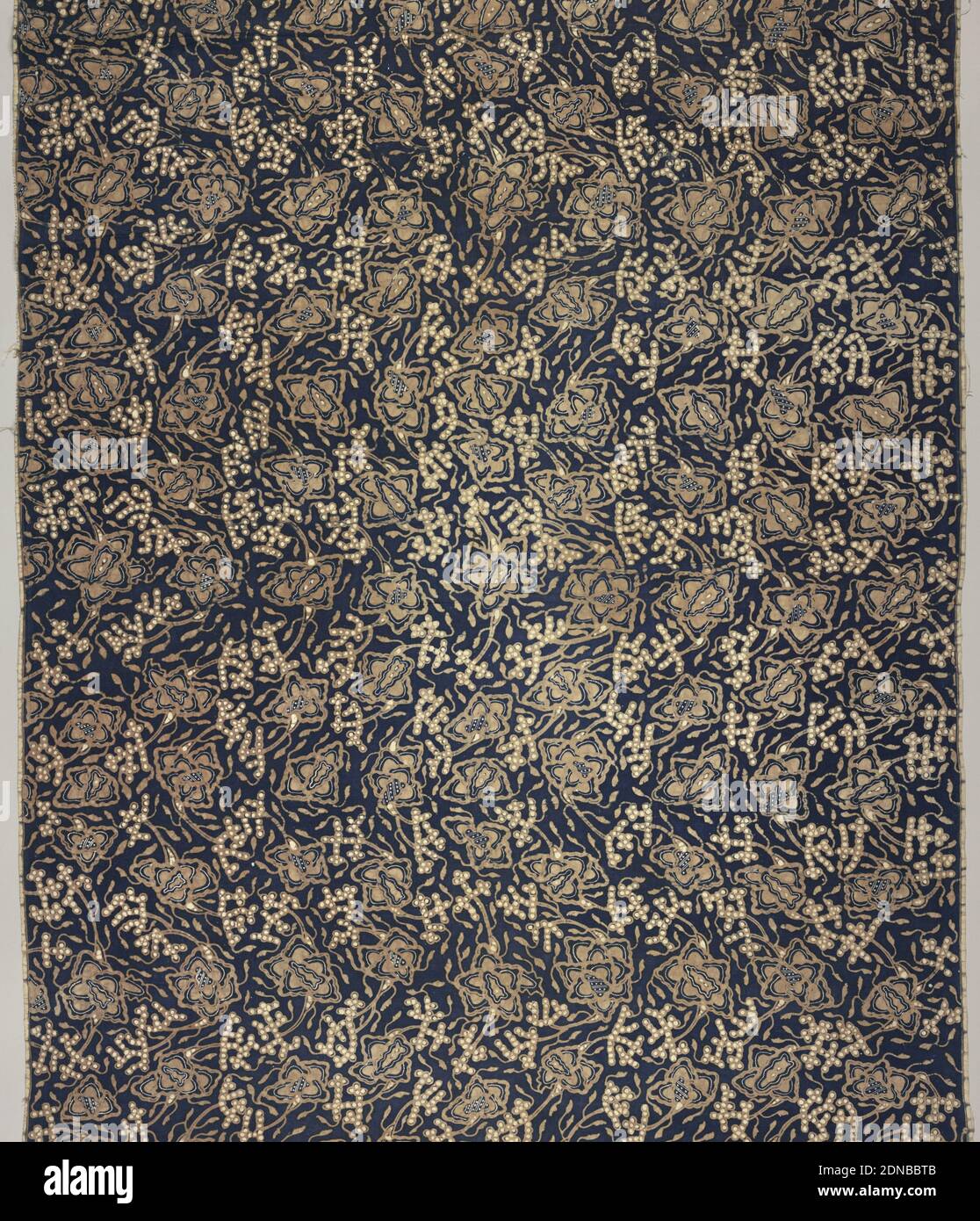 Kain panjang (long sarong), Medium: cotton Technique: wax resist dyeing (batik) on plain weave, A long sarong (kain panjang) with a blue ground and design in brown and white. All-over floral motifs with vine or tendril design., Indonesia, 1850–99, printed, dyed & painted textiles, Kain panjang (long sarong Stock Photo