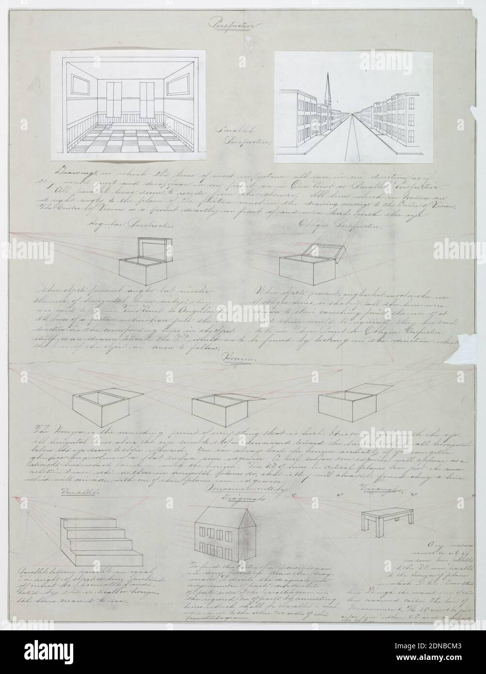 Exercises in Parallel One-Point Perspective, Black ink and red crayon on paper (two additional sheets mounted on), Vertical rectangle. Two exercises in one-point perspective, showing a room interior, street scene, and various cube-shaped objects, with lengthy explanations for each exercise., USA, ca. 1880, architecture, interiors, Drawing Stock Photo