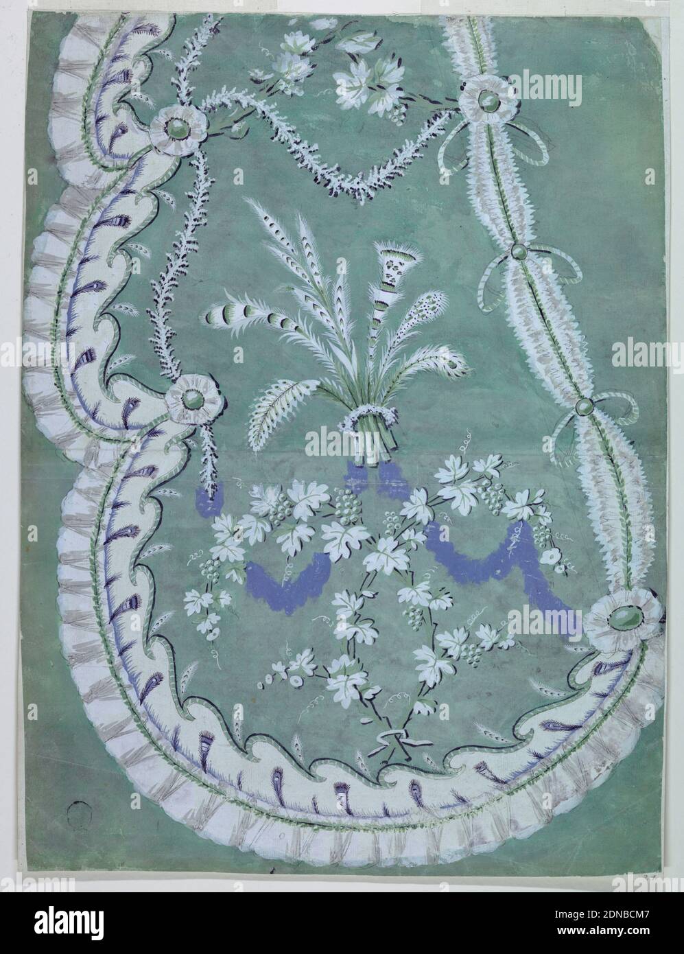 Design for a Feather Skirt, Graphite, brush and olive green, lilac, gray, white, and blue gouache on paper, Green fronds and green background. The decoration forms an elongated scallop, bordered at left and at the bottom by a white border with waved outline inside and decorated with plants and feathers and by a ruffle bordered at right by ruffled ovoids and a cord motif. The inner decoration consists of garlands, vine branches, and a fantastic spray., France, 1785–1790, Drawing Stock Photo