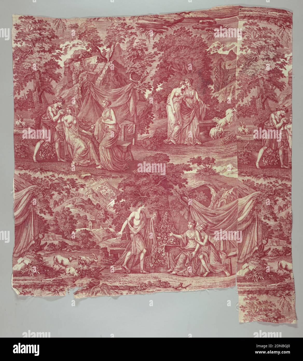 Textile, Medium: cotton Technique: printed by engraved plate on plain weave, Two women and a man all in classical dress in a pastoral setting. In red on white., France, ca. 1800, printed, dyed & painted textiles, Textile Stock Photo
