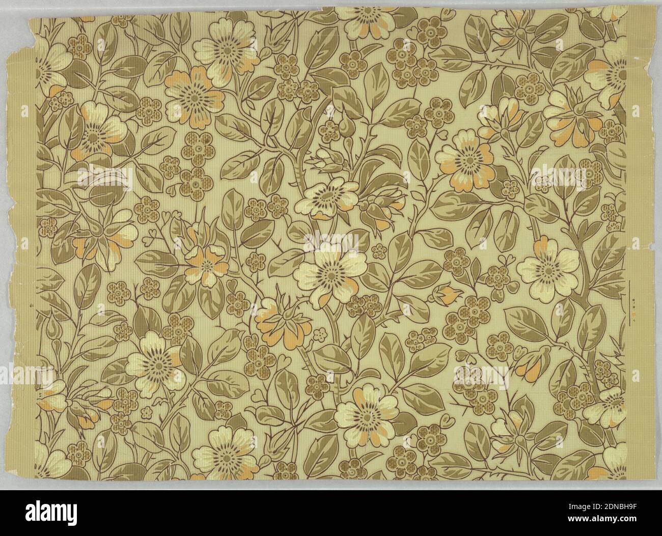 Sidewall, Machine-printed, All-over vining floral pattern. Printed in shades of green, white and metallic gold on pale green background., 1870–90, Wallcoverings, Sidewall Stock Photo