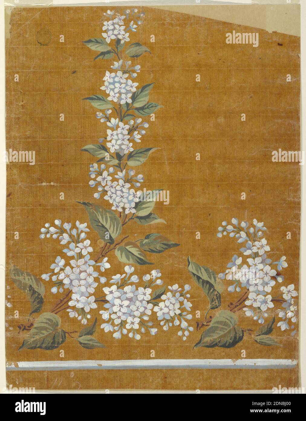 Design for the Border Motif of a Woven Fabric of the 'Fabrique de St. Ruf', Fabrique de Saint Ruf, Lyon, France, Brush and gouache on oily tracing paper, Boughs with leaves and and bluish blossoms stand over a white and blue stripe. One bough and the lower part of a second one are shown., France, 1800–1825, Drawing Stock Photo