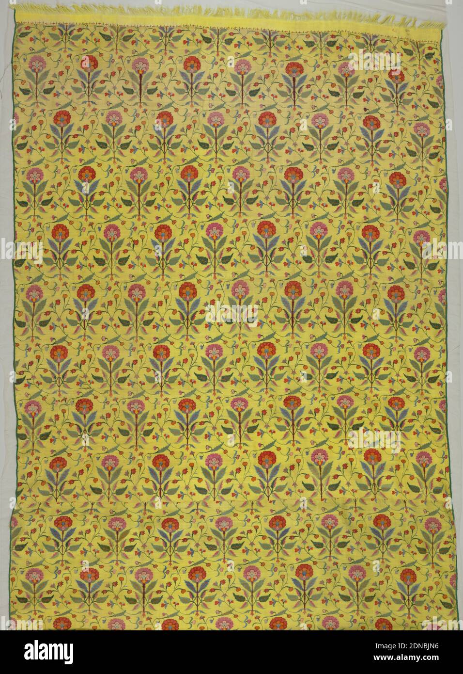 Shawl, Medium: wool Technique: tapestry weave, Shawl made of two pieces joined together and finished on the long sides with narrow green braid, and on the short sides, with yellow embroidered and fringed fabric. Pattern is red, pink, blue and green upright flowers and vines on a yellow ground., India, 18th century, costume & accessories, Shawl Stock Photo