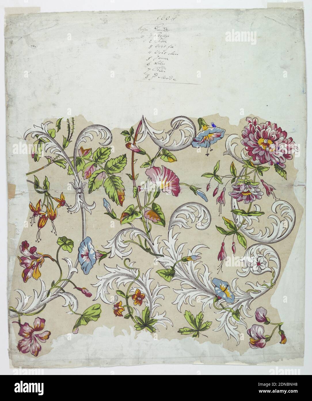 Trial Proof for a Flower Chintz, Woodcut in multicolored inks on tan ground on white paper, Intertwined meanders of tulips, morning glories, carnations and roses among stylized acanthus leaves with picotage effect. Printed in red, yellow, green, blue, lavender, and dark brown., France, 1820–30, textile designs, Print Stock Photo