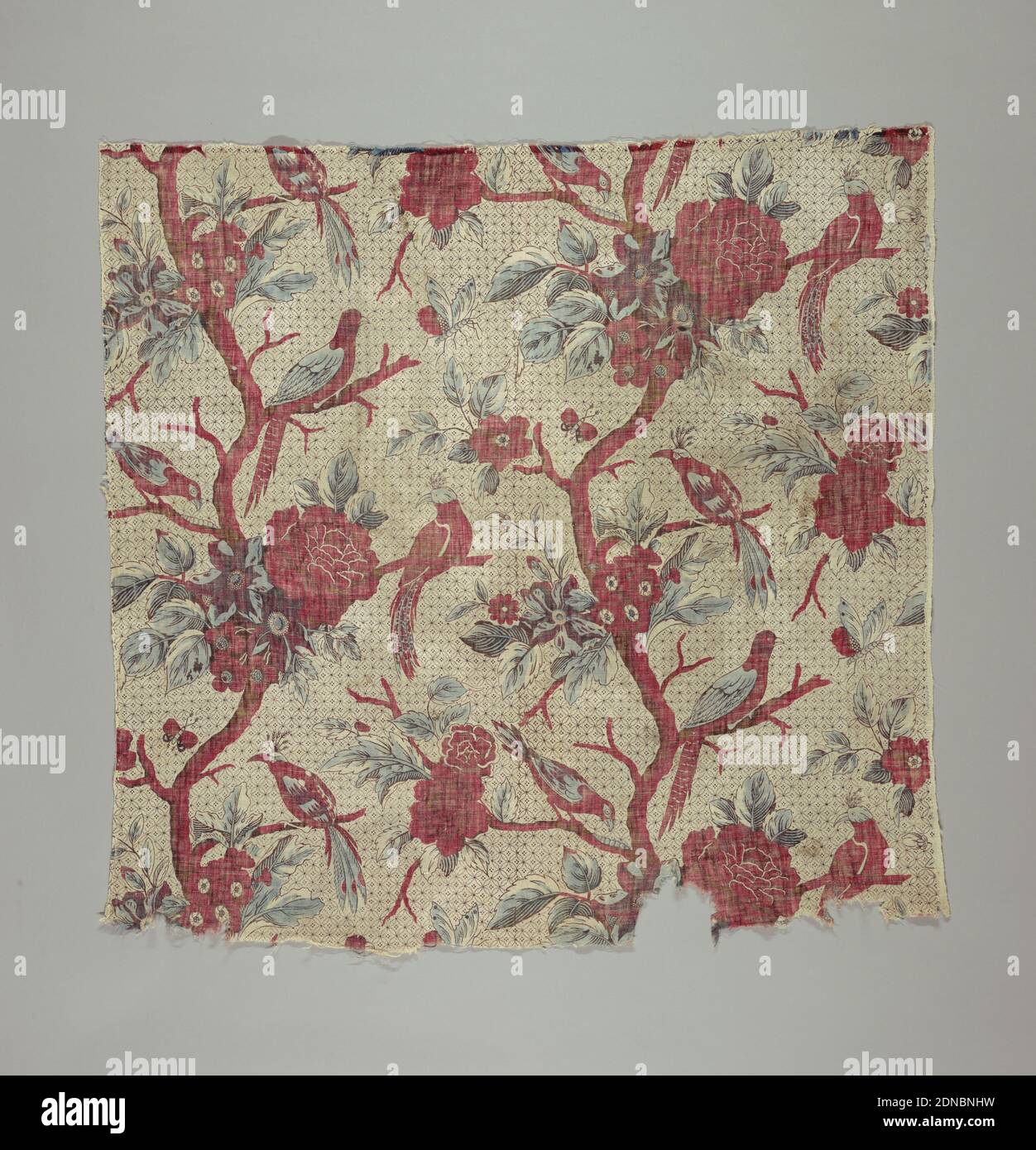 Textile, Medium: cotton Technique: block printed on plain weave, Printed cotton with flowering trees with birds perched on branches on a small scale background pattern of overlapped circles., France, 1780–89, printed, dyed & painted textiles, Textile Stock Photo