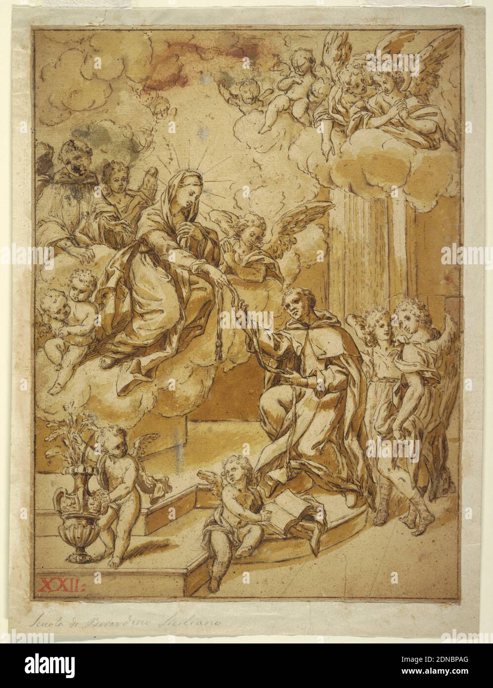 Madonna Appearing to Saint, Rodriguez, Pen and brown ink, brush and wash on cream laid paper, Figure of a saint kneeling on steps, receiving a rope from the Virgin Mary. Mary has descended in clouds, surrounded by cherubs, to pass on the rope. Angels and putti rejoice., Italy, ca. 1650–60, figures, Drawing Stock Photo