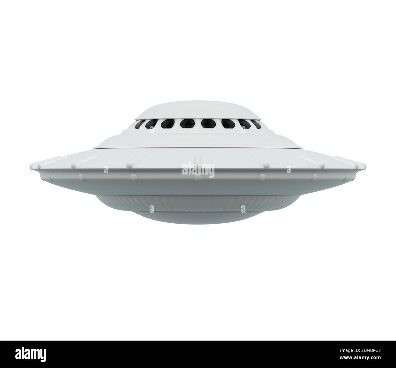 Unidentified Flying Object over white background. UFO with clipping path included. 3D illustration. Stock Photo