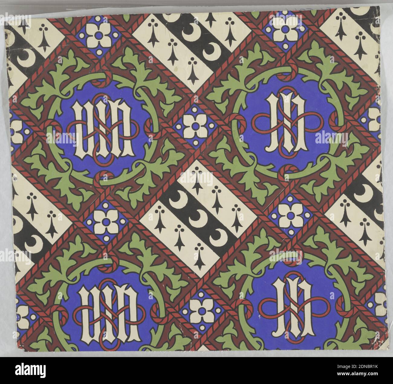 Sidewall, A.W.N. Pugin, English, 1812–1852, Block-printed paper, Two dark blue circular medallions containing, respectively, the letters 'wh' and 'jh'. These are in drop-repeating relationship with a lozenge, black on white ground, which contains a row of crescents and two rows of ermine tails. This was printed for Captain Washington Hibbert and his wife Julia, for use at Bilton Grange, Warwickshire., England, 1848, Wallcoverings, Sidewall Stock Photo