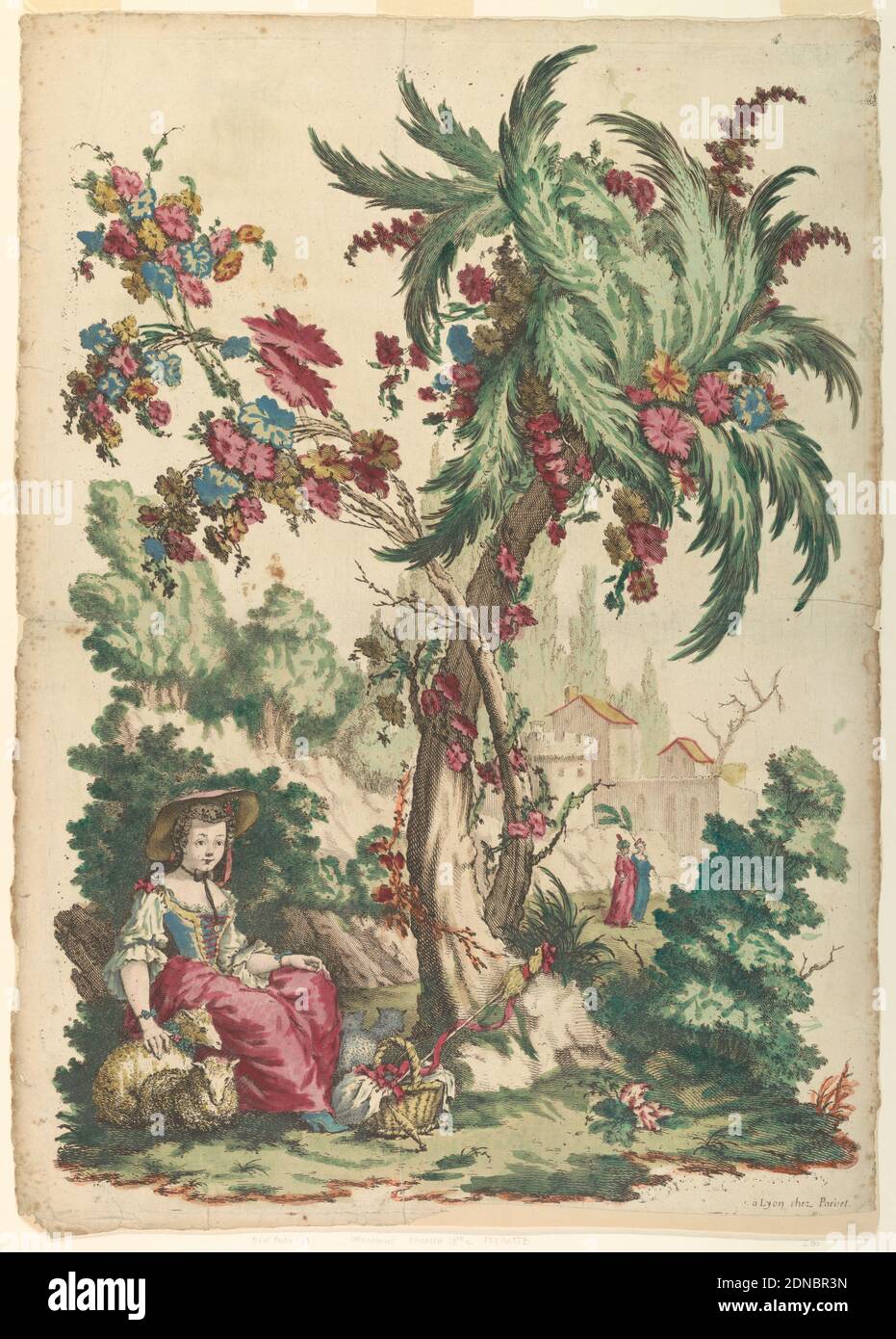 A Little Shepherdess, Alexis Peyrotte, French, 1699–1769, Jean Charles Francois, 1717–1769, Hand-colored etching with watercolors on paper, A little shepherdess seated in the foreground with four sheep and her basket beside her. Two fantastic trees at center. in the background, at right, two women stroll before a castle., France, 1740–45, ornament, Print Stock Photo