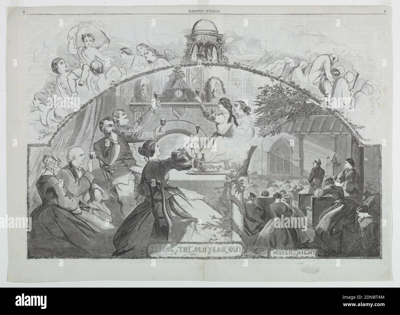 Seeing the Old Year Out, Winslow Homer, American, 1836–1910, Harper's Weekly, Wood engraving in black ink on paper, Double-page spread showing a group toasting before the fireplace. At right, another group at prayer in church, titled 'Watch Night.', USA, January 5, 1861, figures, Print Stock Photo