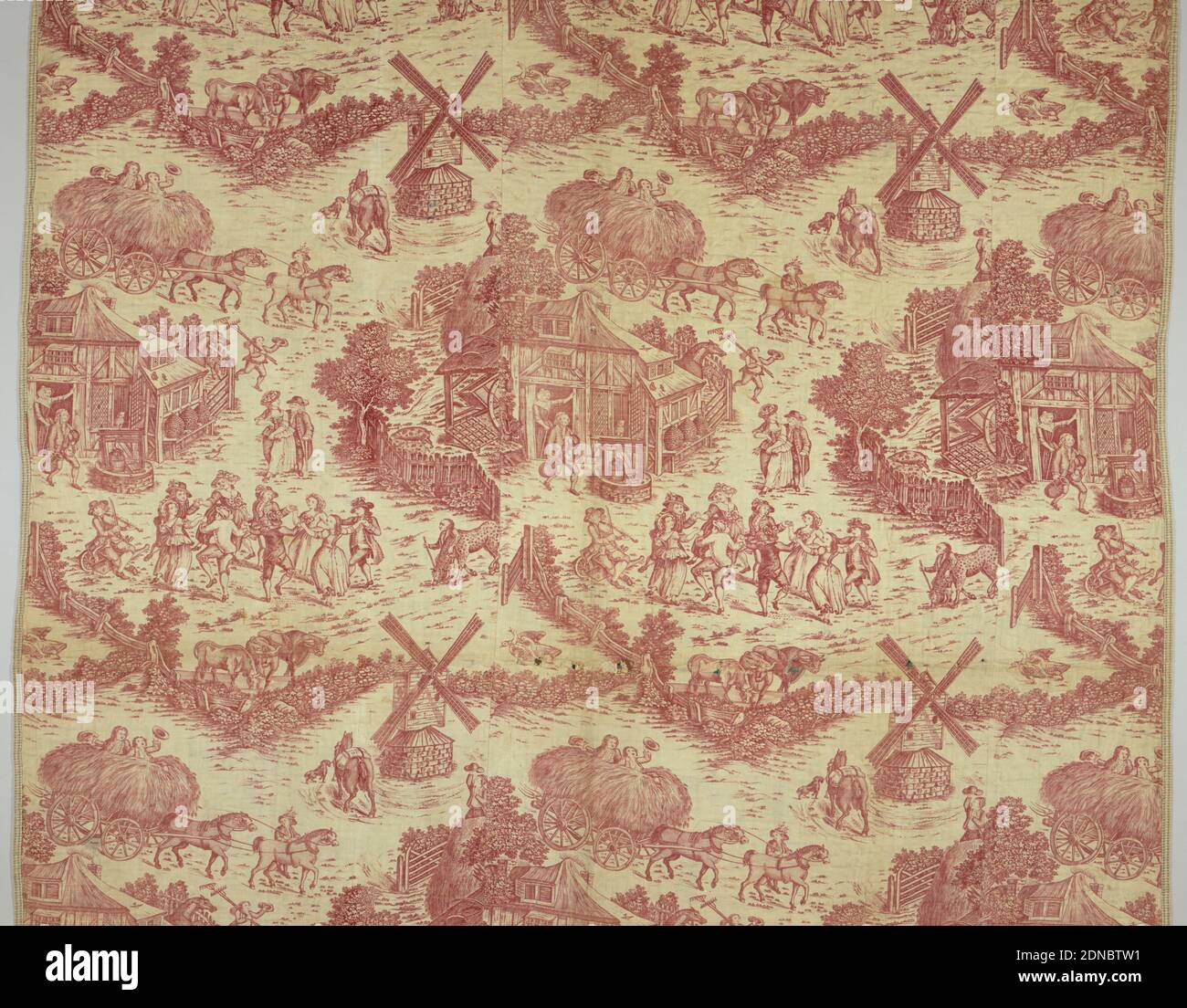 Quilt, Medium: cotton Technique: printed by engraved plate on plain weave, Complete quilt of copperplate printed cotton, with a design in red on a white ground. The design shows men and women dancing in the yard outside a cottage, a windmill, and boys riding in a hay wagon. A horse is bearing sacks on its back with the initials 'WC'. The quilt is lined with polychrome printed cottons in patchwork., England or USA, 18th century, printed, dyed & painted textiles, Quilt Stock Photo