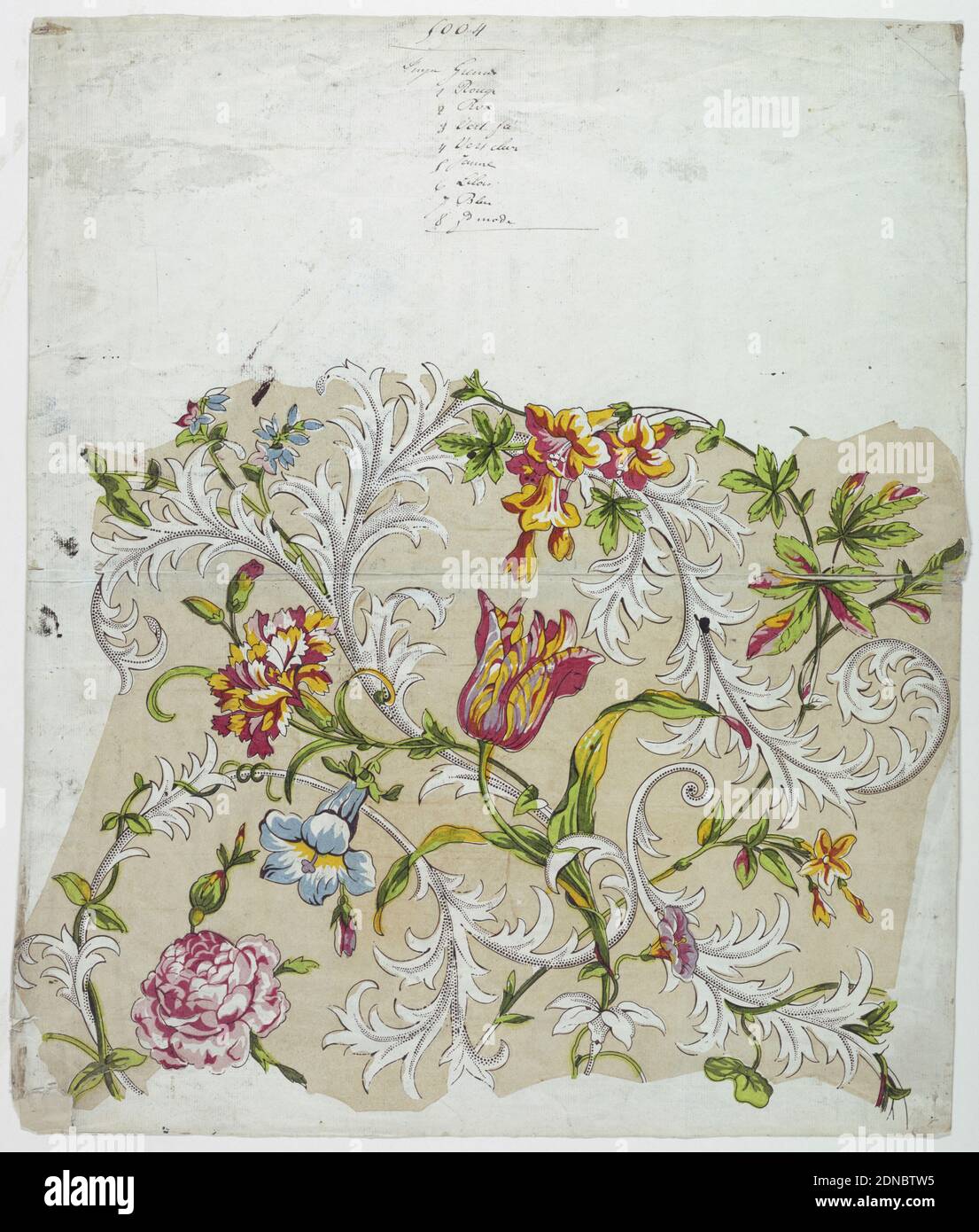 Trial Proof for a Flower Chintz, Woodcut in multicolored inks on tan ground on white paper, Intertwined meanders of tulips, morning glories, carnations and roses among stylized acanthus leaves with picotage effect. Printed in red, yellow, green, blue, lavender, and dark brown., France, 1790–1800, textile designs, Print Stock Photo
