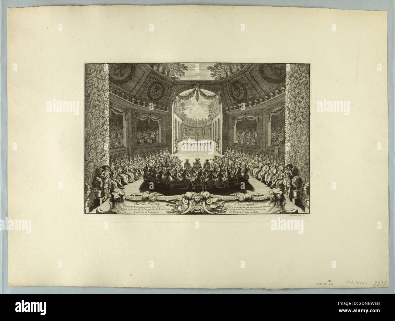 Chateau Gardens, Outdoor Concert, François Chauveau, 1613 – 1676, Black ink on rolled paper, Horizontal rectangle: In the foreground a banner and above and at sides, the audience surrounded by niches walls. At center, the stage. Beyond, a fountain and staturary., France, 1675, Print Stock Photo