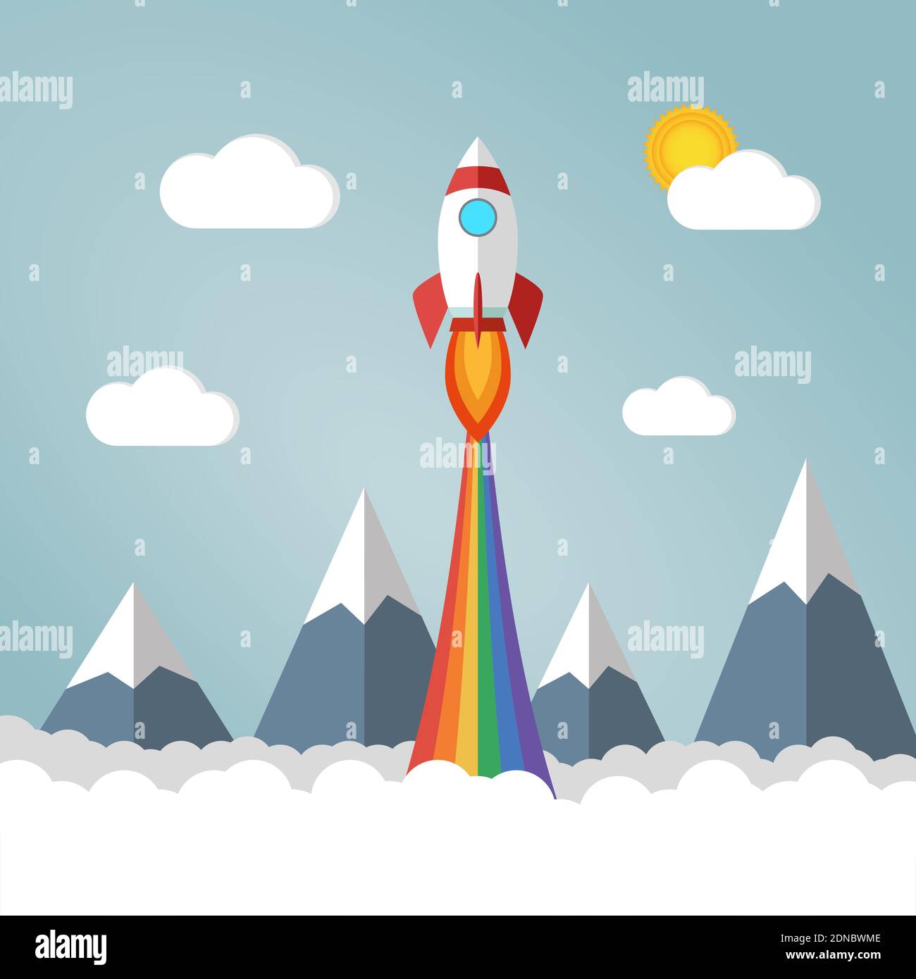 Rocket launches in the sky flying over mounts and white fluffy clouds and emits rainbow colored smoke. Copy space for design or text Stock Vector