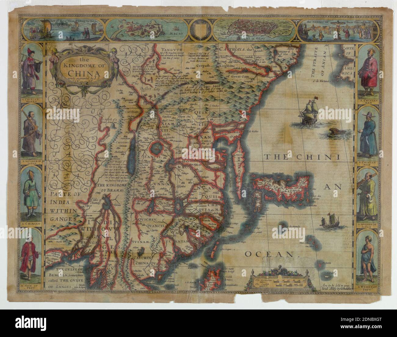 Map of China, Engraving and brush and wash on paper, Map of China and Japan. The upper and lateral margins are decorated with vignettes depicting eight people in their native dress; views of Macoa, Quinzay; “the manner of execution” and the “manner of travelling.” On the map, upper left corner, title and inscription: “Newly augmented by I.S./ 1626”; in a cartouche, lower right, inscription: “Are to be sold in popshead Alley by G. Humble., England, 1626, Print Stock Photo