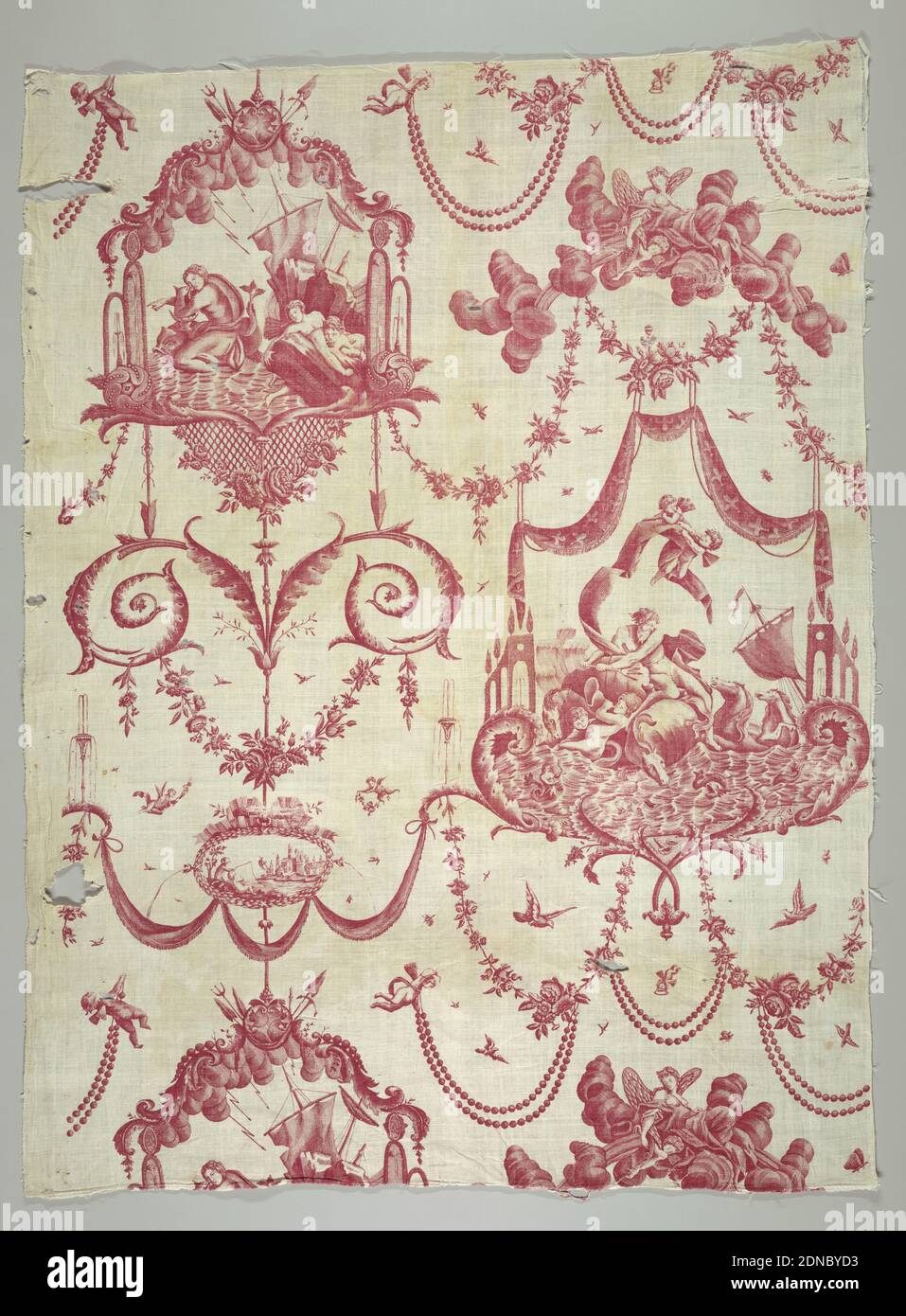 Textile, Medium: cotton Technique: printed by engraved copper plate on plain weave, Offset cartouches showing Neptune with trident riding horses and causing a storm; and a youth riding a dolphin away from a shipwreck. Spaces between the cartouches filled with arabesques, putti and garlands., Nantes, France, 1780–85, printed, dyed & painted textiles, Textile Stock Photo