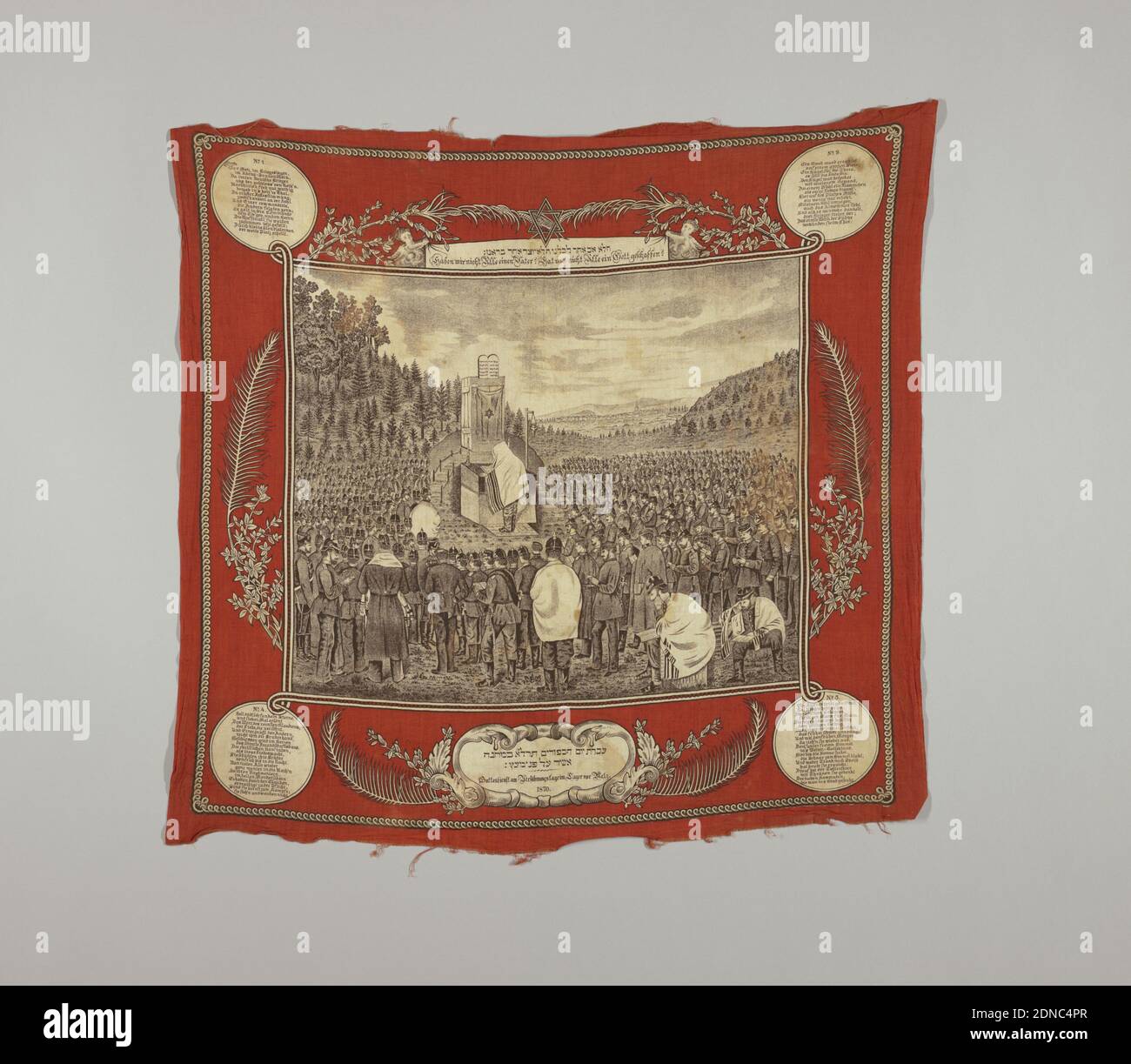 Commemorative scarf, Technique: printed by lithography, Scarf with central picture of a Jewish Kol Nidre ceremony on a corner of a battlefield. Individual regiments can be identified by numbers on the epaulettes. Text in Hebrew and German., France or Germany, 1870, printed, dyed & painted textiles, Commemorative scarf Stock Photo