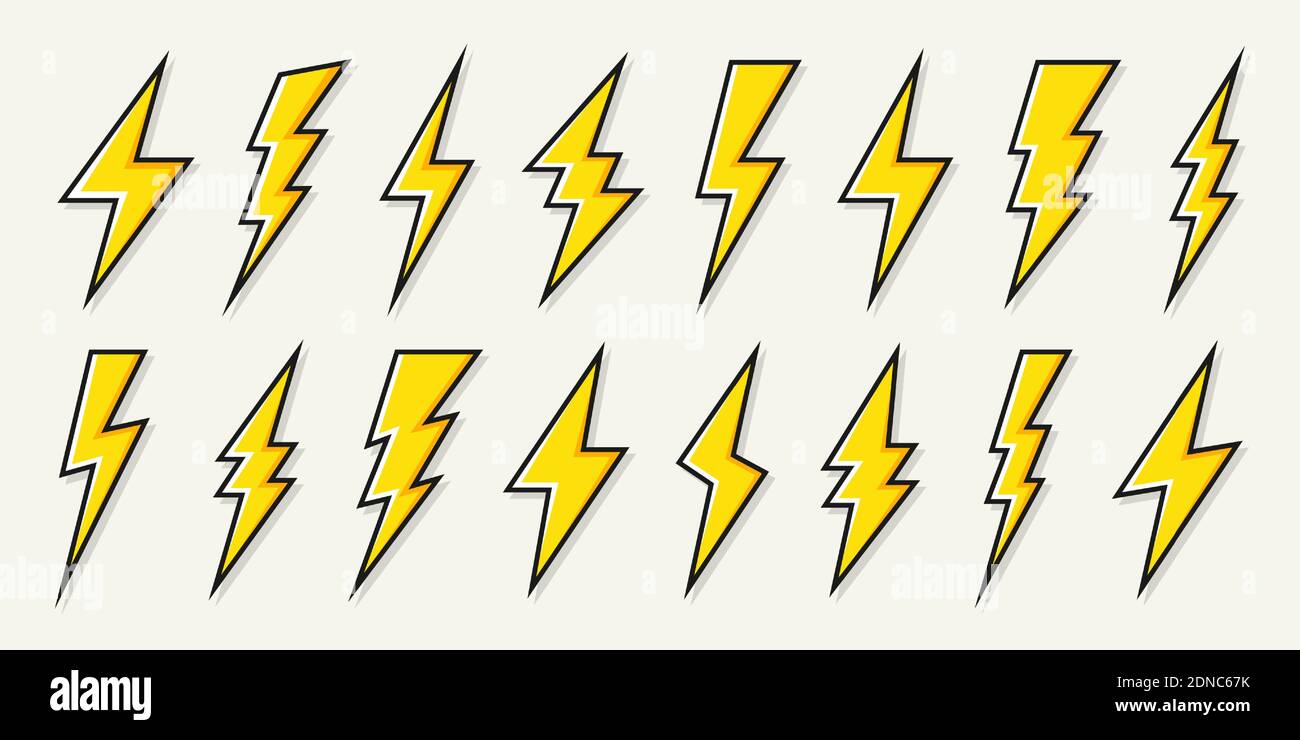 Yellow lightning bolt icons collection. Flash symbol, thunderbolt