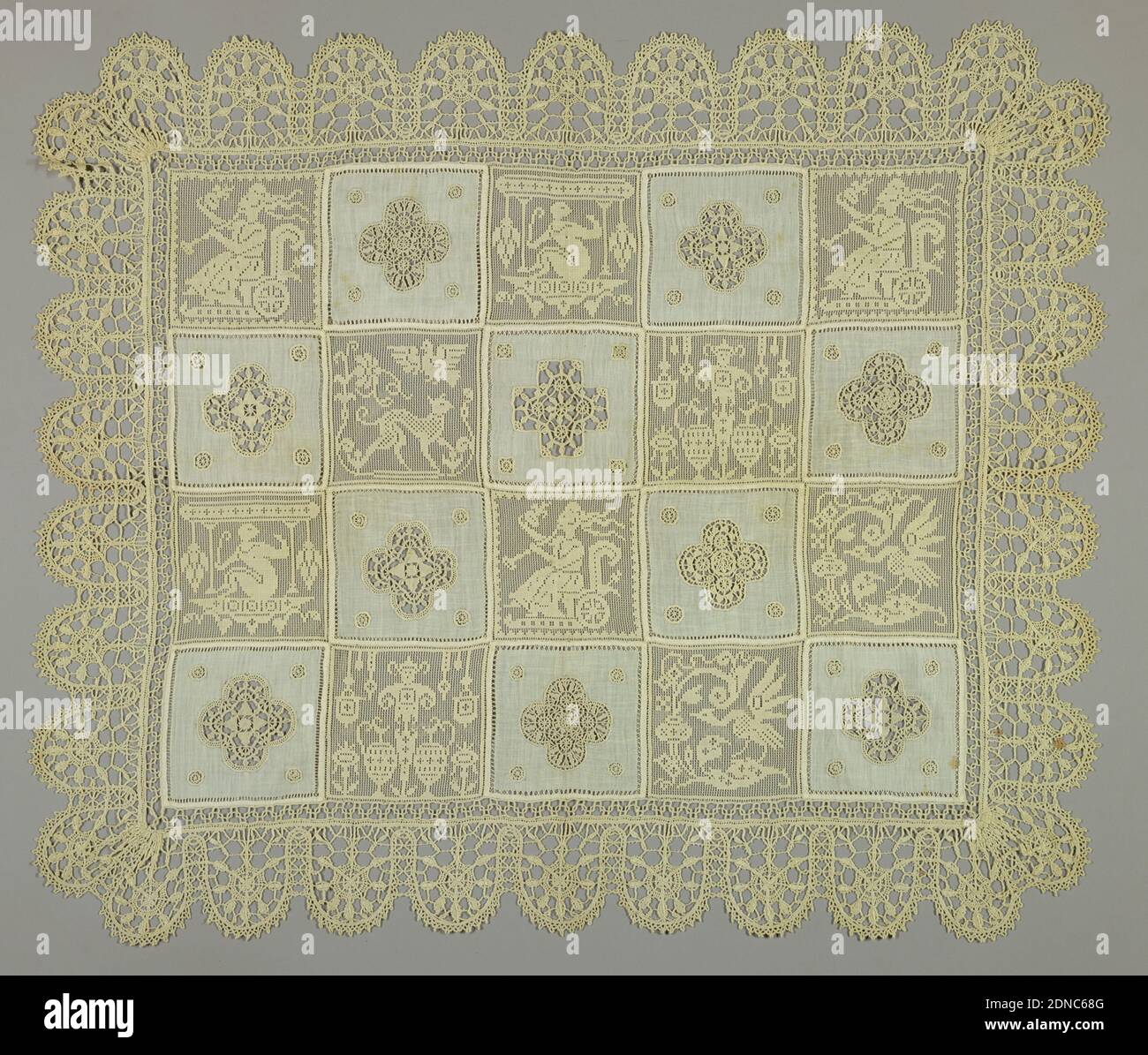Table cover, Medium: linen Technique: patchwork of techniques including needlework on knotted net, bobbin and needle lace, Squares with animals and grotesque figures alternate with squares of fabric with cutwork and needlework filling put together to form a checkerboard pattern. Deep scallop of bobbin lace on the border., Europe, 19th century, lace, Table cover Stock Photo
