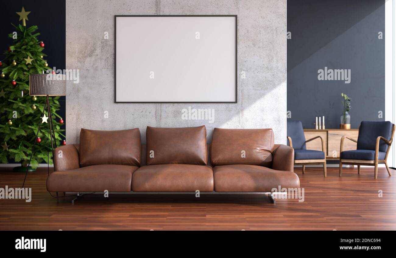 Living room with large Windows and christmas tree. Frame mockup in 140x100cm and leather sofa. Stock Photo
