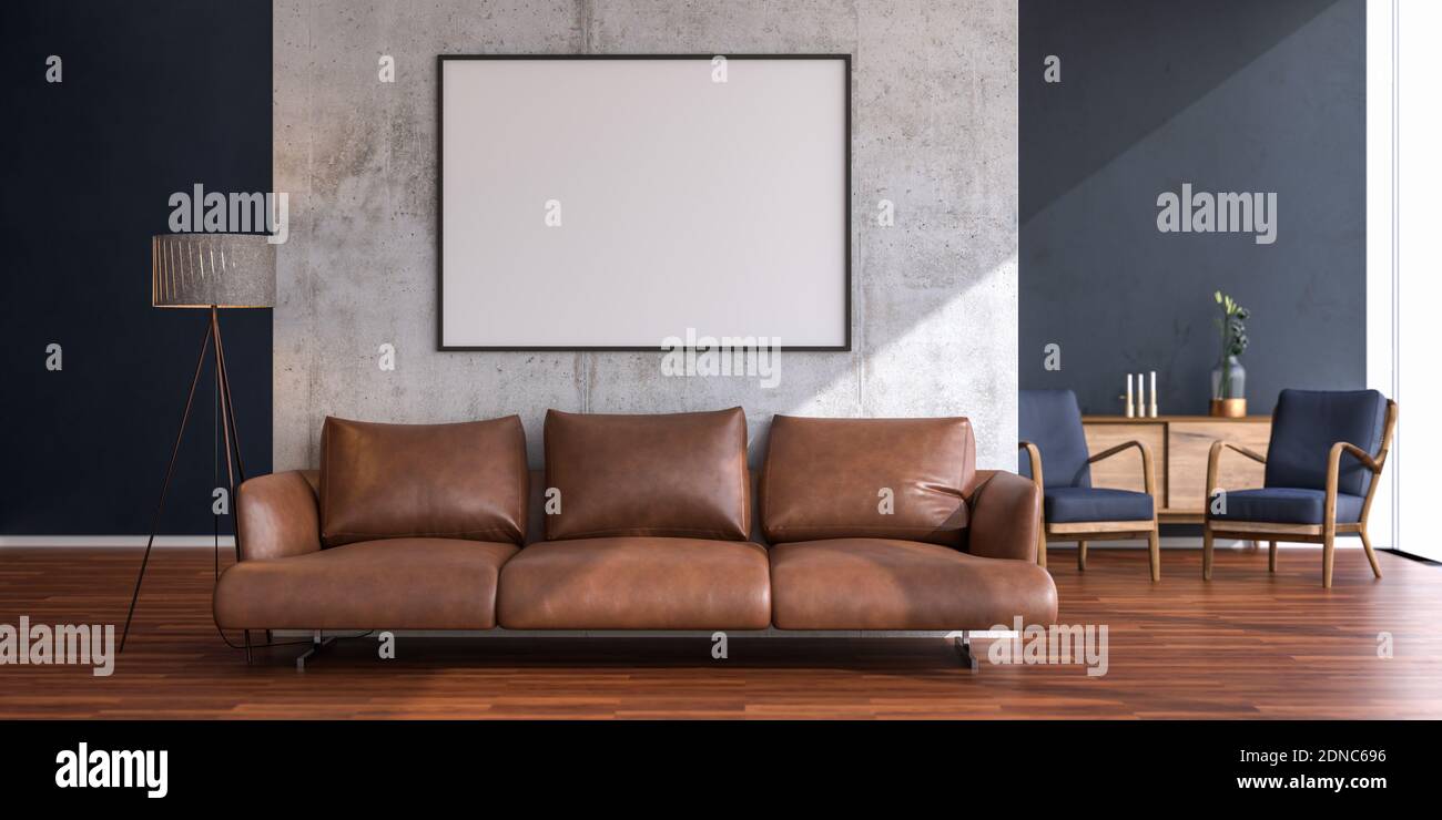 Brightly lit living room with leather sofa in front of concrete room divider. Large Windows, picture frame mockup in 140x100cm. Stock Photo