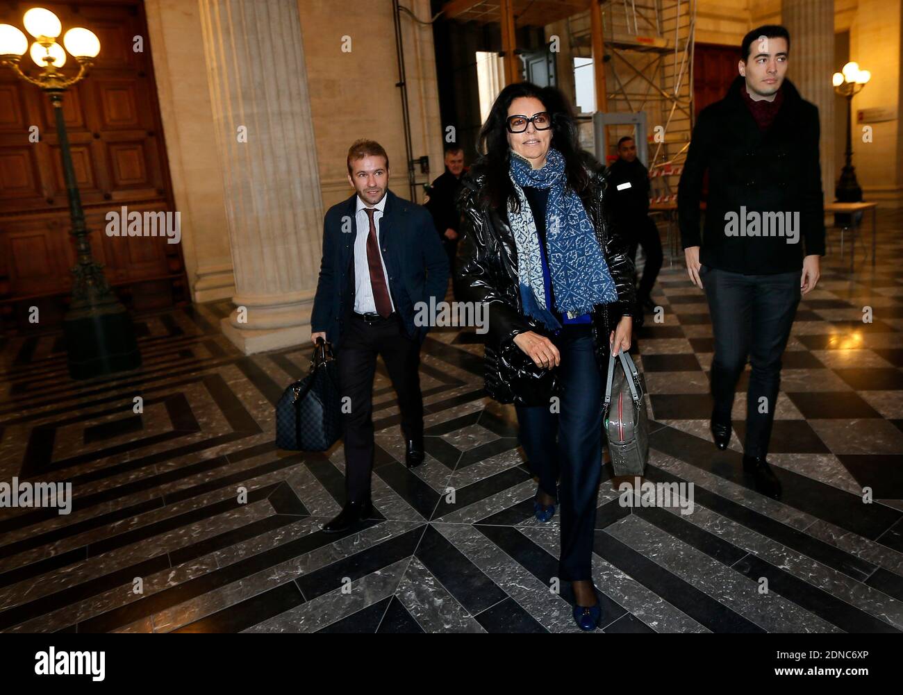 Francoise Meyers-Bettencourt, his soon Jean-Victor and his lawyer Nicolas  Huc-Morel arriving during the so-called 'Bettencourt trial' accusing 10  people close to L'Oreal heiress Liliane Bettencourt of 'exploiting' her  dementia, in Bordeaux, southwestern