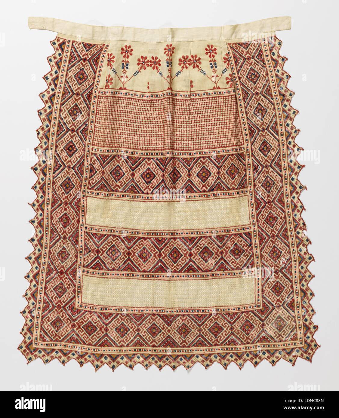 Apron, Medium: linen, cotton Technique: withdrawn element with embroidery, White linen apron with drawnwork and embroidery in colored cotton., Russia, 19th century, costume & accessories, Apron Stock Photo