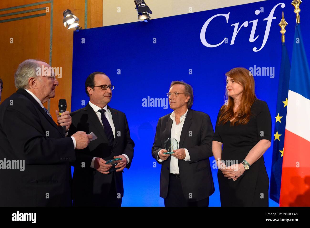 (L-R) CRIF president Roger Cukierman, French President Francois Hollande, director Alexander Arcady and producer Marie-Castille Mention-Schaar during the 30th annual Dinner of the Representative Council of the Jews of France (CRIF) held at the Pullman Montparnasse Hotel in Paris, France on February 23, 2015. Photo Pool by Erez Lichtfeld/ABACAPRESS.COM Stock Photo